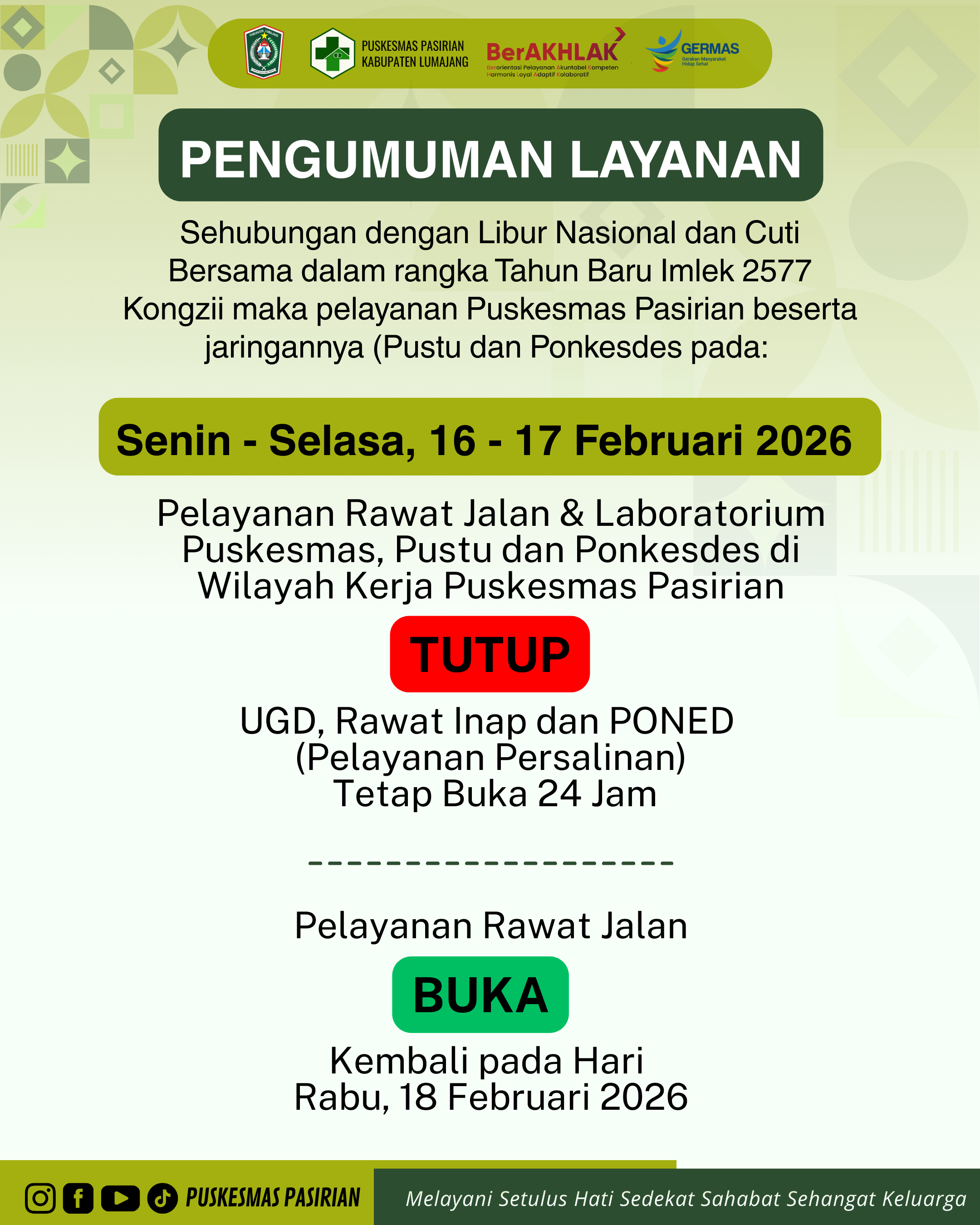 Pelayanan saat Hari Libur Nasional dan Cuti Bersama Imlek